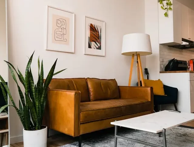 Blog: Salon confortable comprenant un canapé en cuir marron, des œuvres d'art abstraites, une grande lampe, un coin cuisine et des plantes d'intérieur vibrantes.
